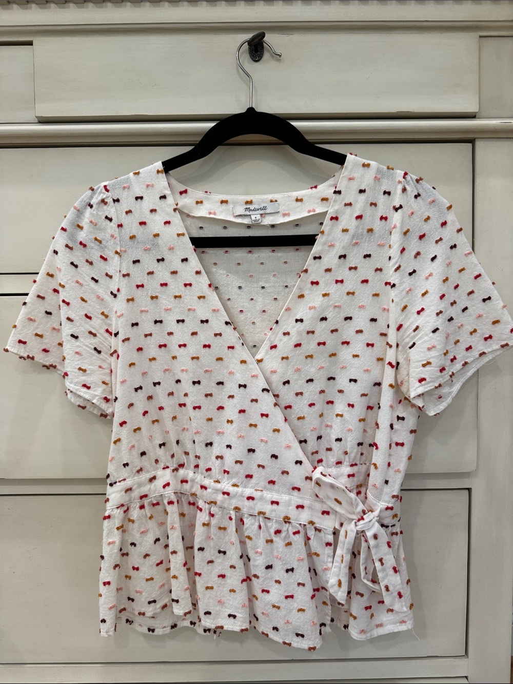 Madewell White Wrap Blouse with Red & Gold Dot Motif size small